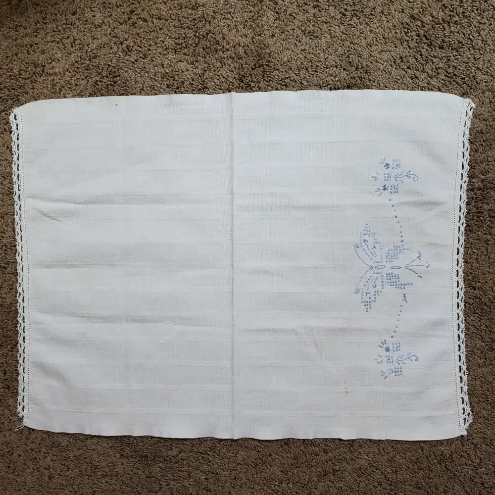Vintage Hand Towel White w/ Blue Butterfly Embroidery Cross Stitch 17x22 Inch